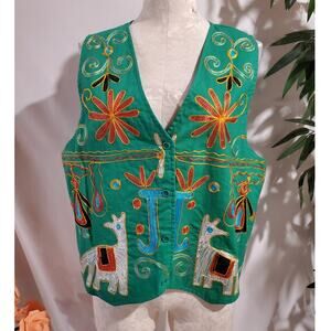 Vtg NWT Arrived Embroidered Vest Womens Plus Size 40/20W Green Alpaca Artsy Boho
